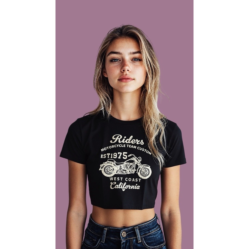 Womens Riders Motorcycle Team Custom Crop Top Tee Graphic California Shirt Sz S